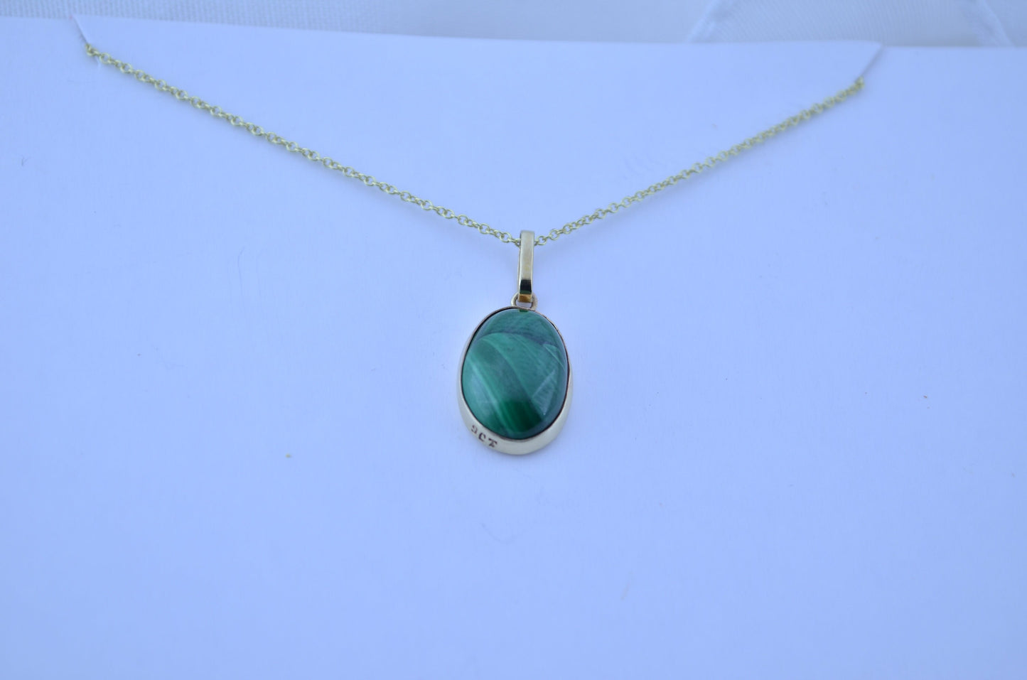 Malachite gold pendant , solid 9ct yellow gold necklace , 18” gold chain, natural green gemstone
