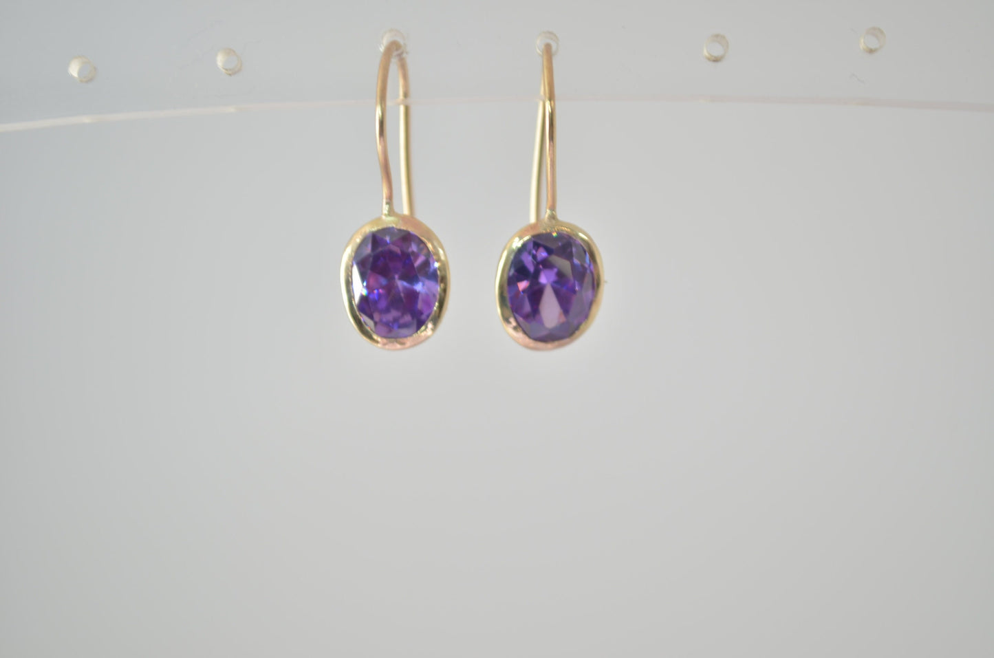 9ct gold earrings, purple Cubic zirconia, solid 9ct yellow gold