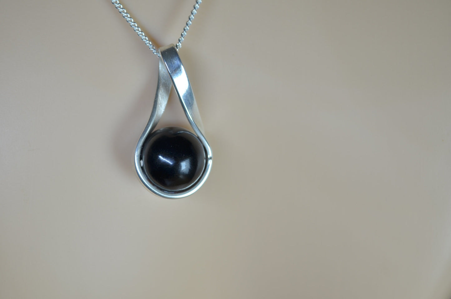 sterling silver necklace, black Whitby jet pendant, 18” chain