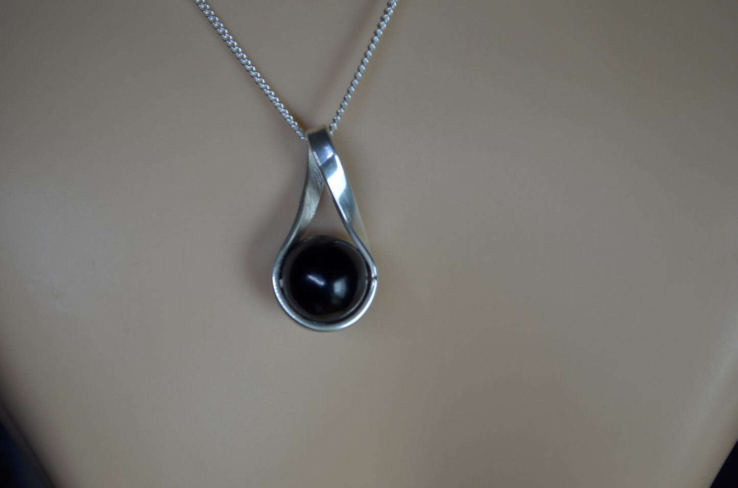 sterling silver necklace, black Whitby jet pendant, 18” chain