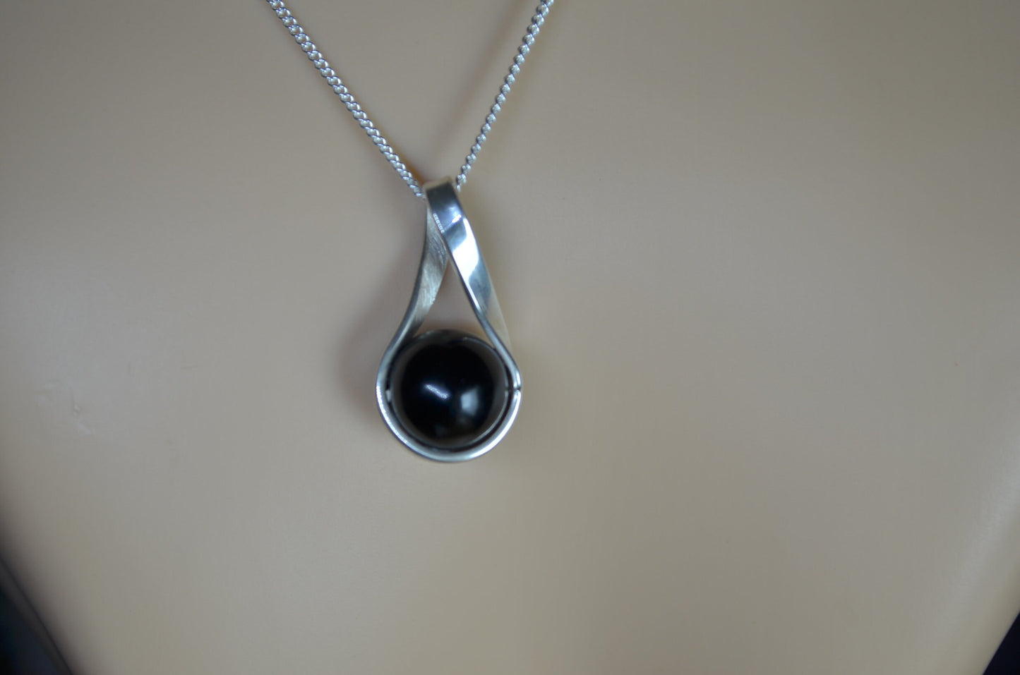 sterling silver necklace, black Whitby jet pendant, 18” chain