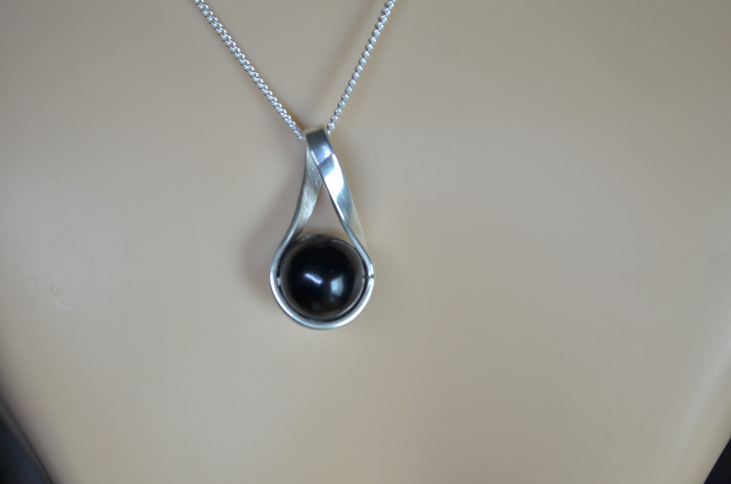 sterling silver necklace, black Whitby jet pendant, 18” chain
