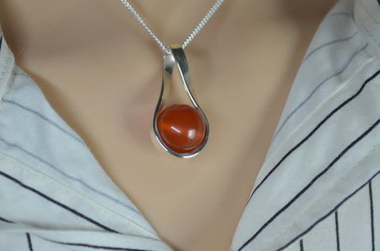 red carnelian pendant, solid sterling silver necklace, 18” chain