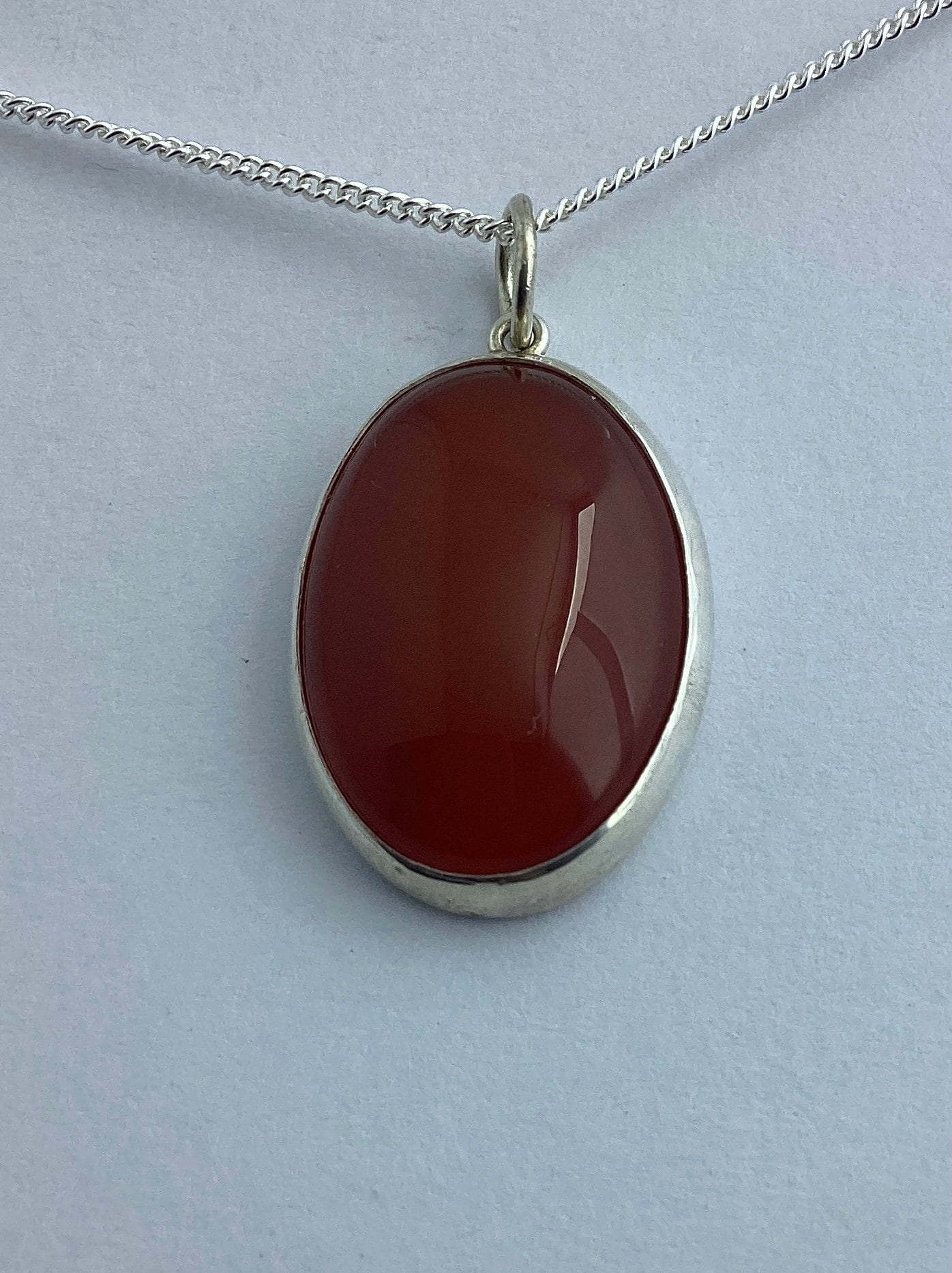 carnelian pendant, solid sterling silver necklace, oval natural red gemstone, 18” chain