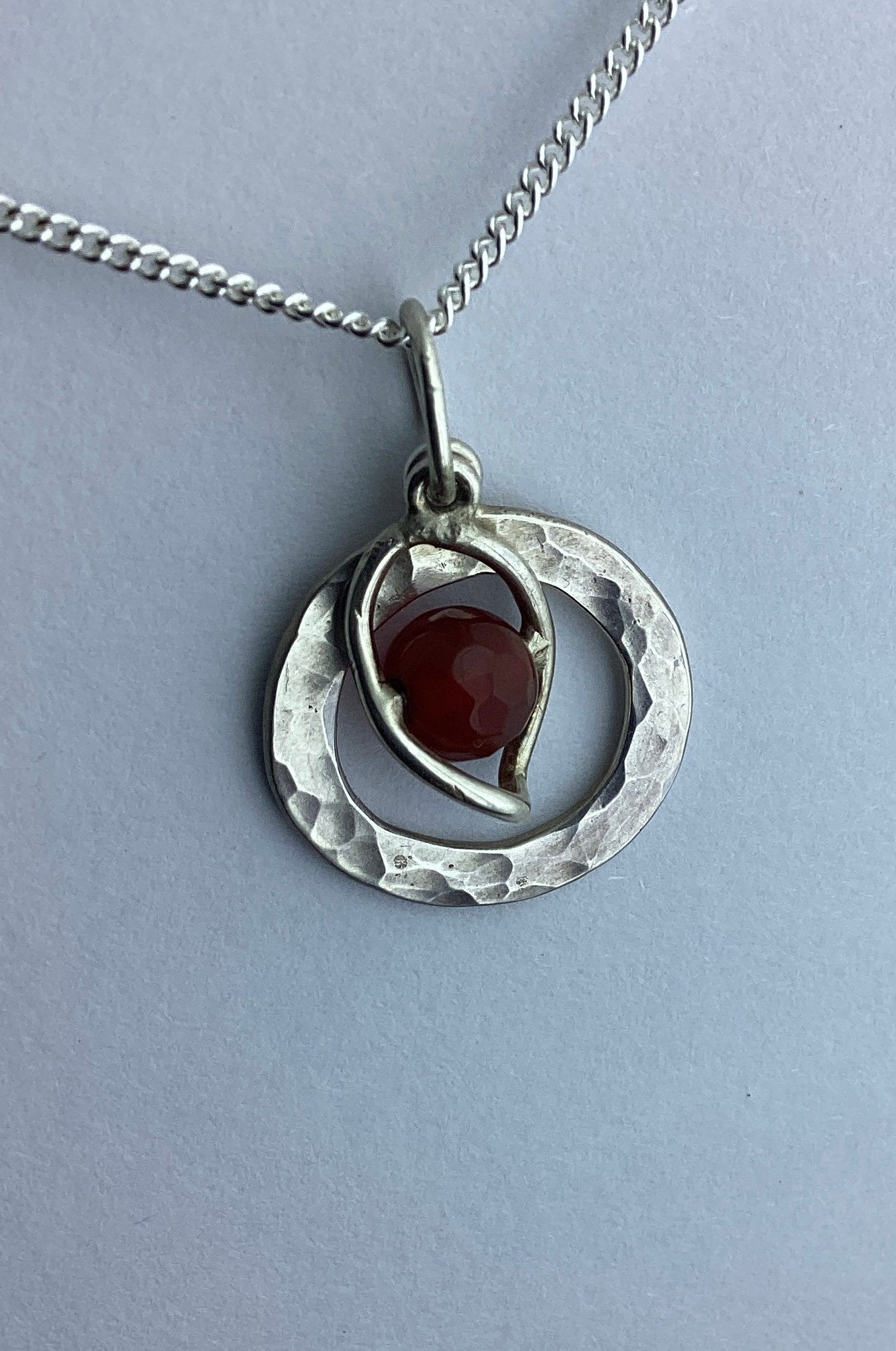 sterling silver pendant, natural red carnelian gemstone, 18” chain