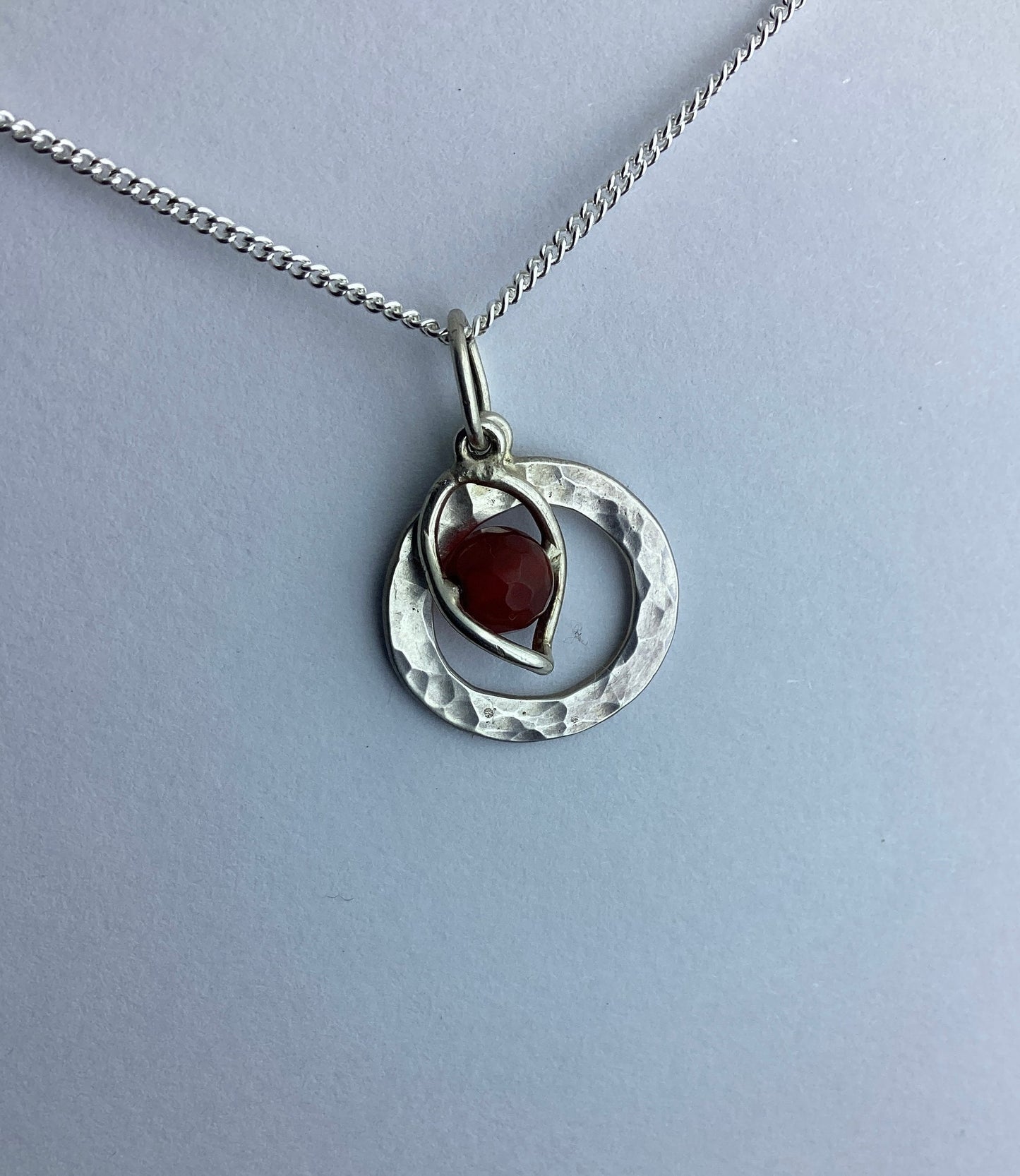 sterling silver pendant, natural red carnelian gemstone, 18” chain