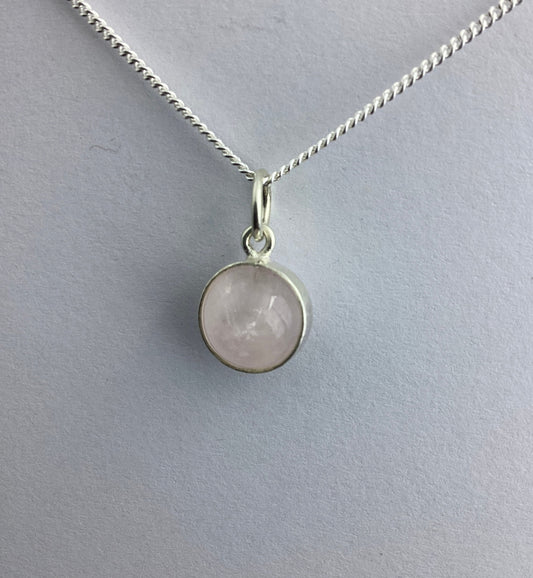 sterling silver rose quartz charm pendant, pink round natural gemstone, 18” chain