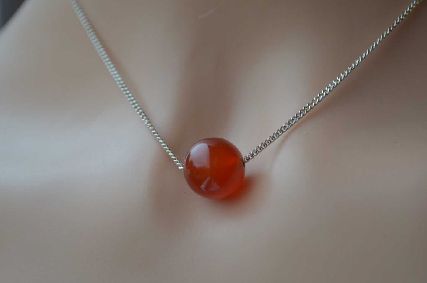 sterling silver carnelian necklace, natural round red gemstone, 18” chain