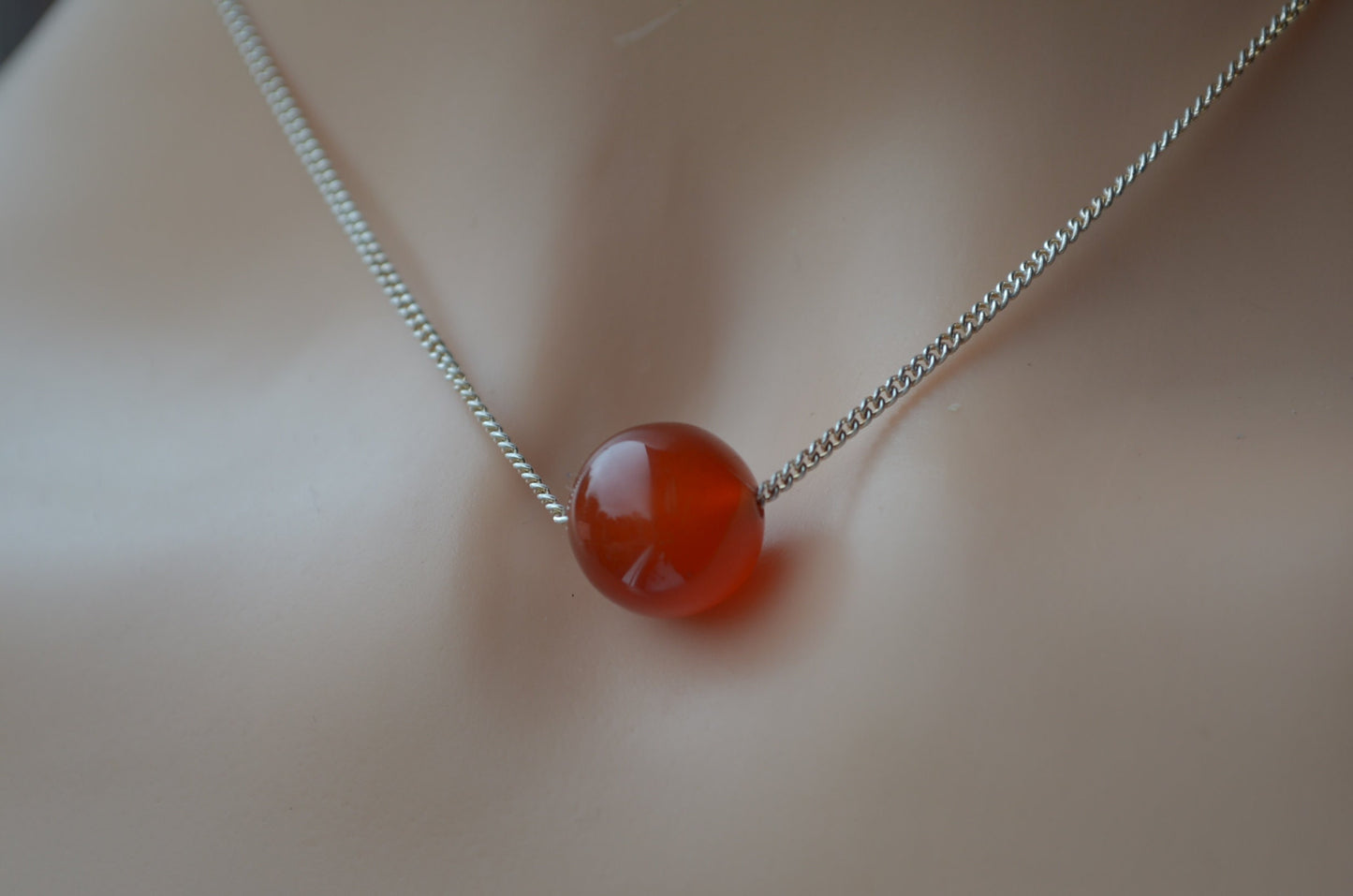 sterling silver carnelian necklace, natural round red gemstone, 18” chain