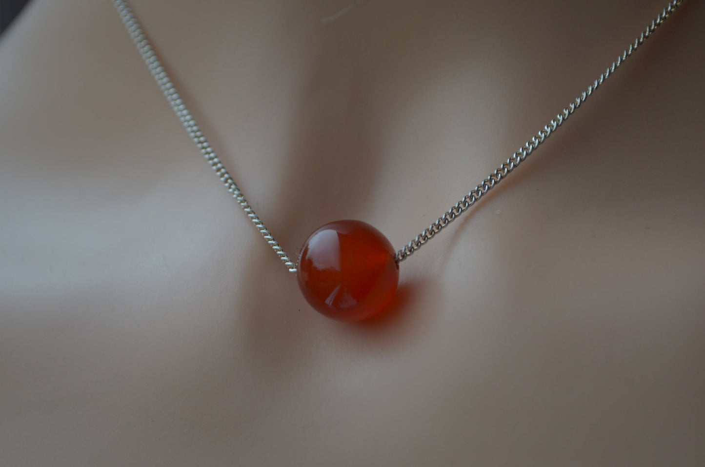 sterling silver carnelian necklace, natural round red gemstone, 18” chain
