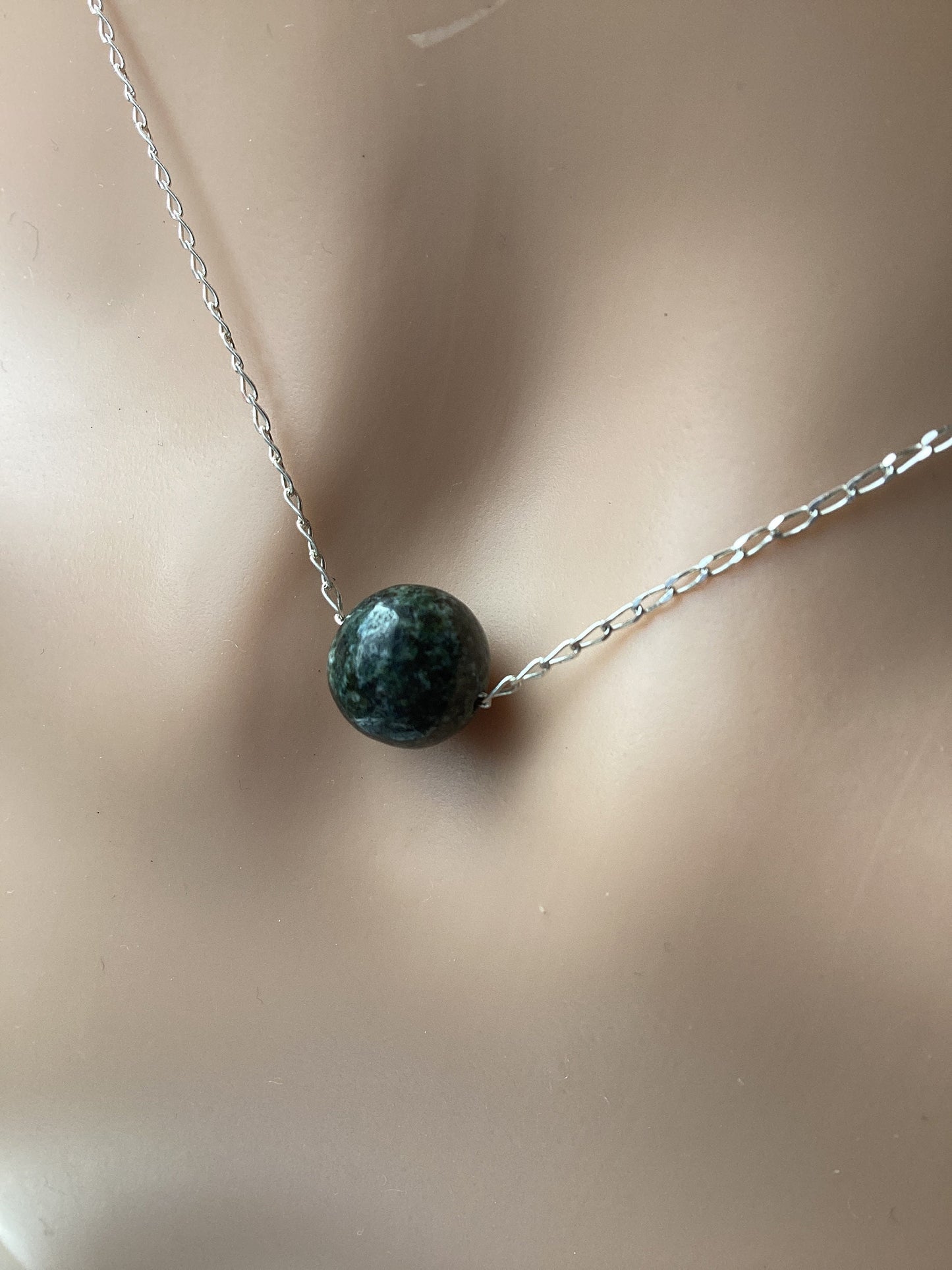 Preseli Bluestone small bead necklace,solid 925 sterling silver 18” chain