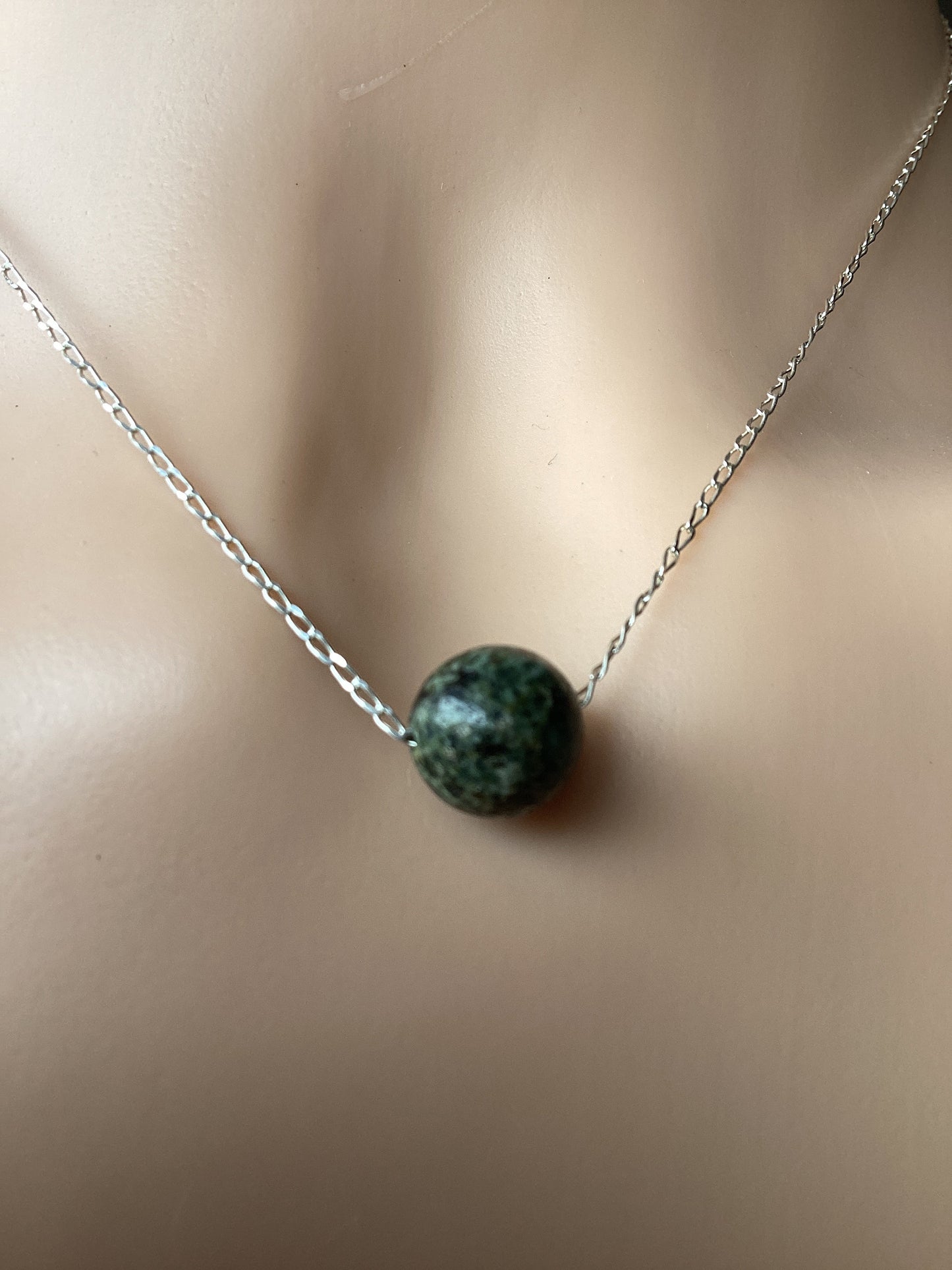 Preseli Bluestone bead necklace, solid 925 sterling silver 18” chain