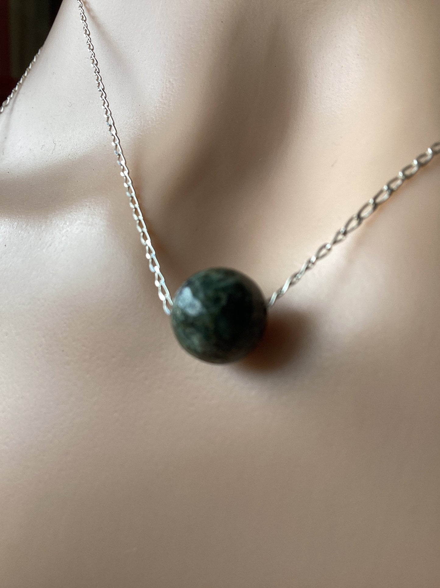 Preseli Bluestone bead necklace, solid 925 sterling silver 18” chain