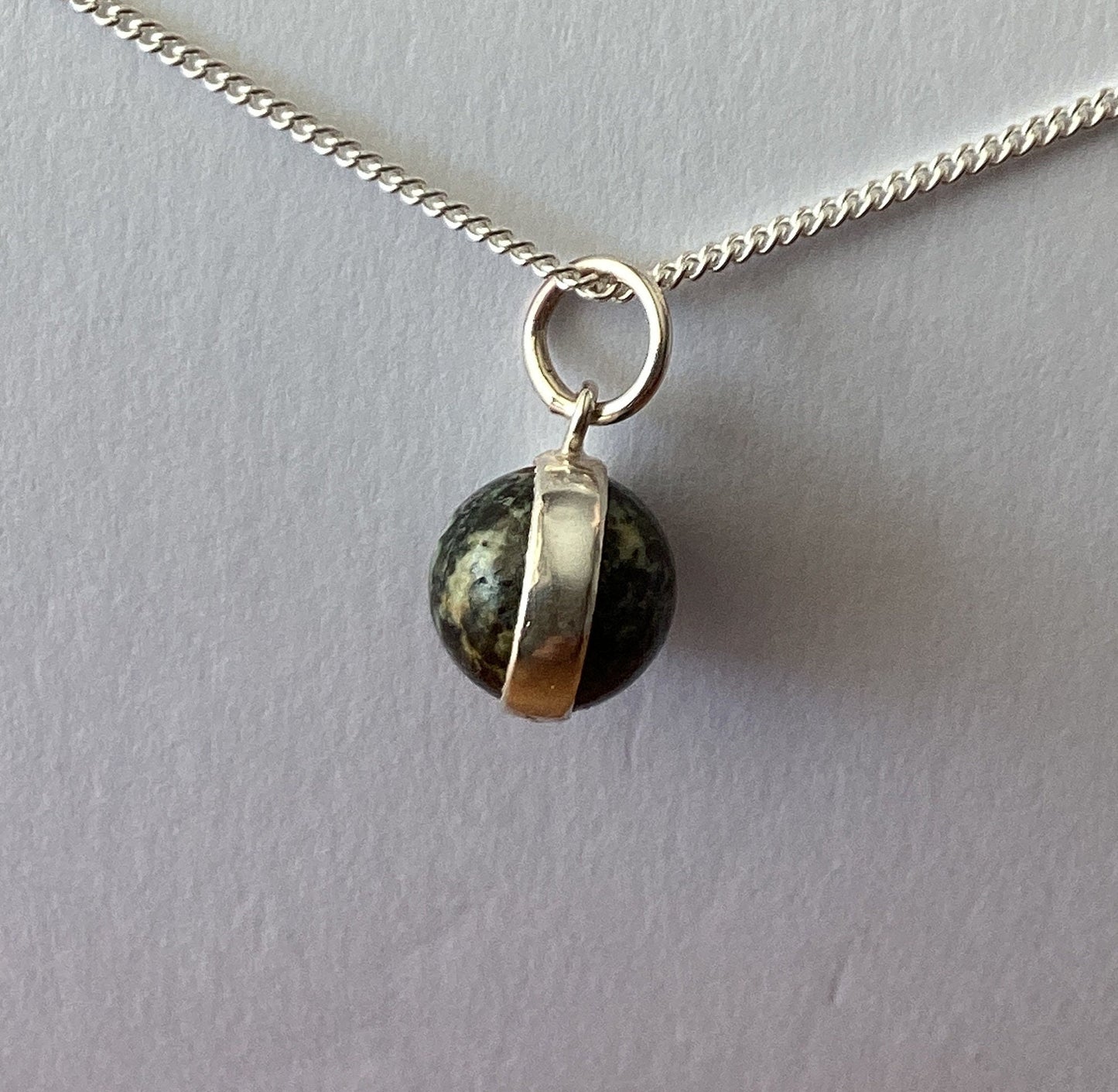 small Preseli Bluestone charm pendant, solid 925 sterling silver, 18” chain