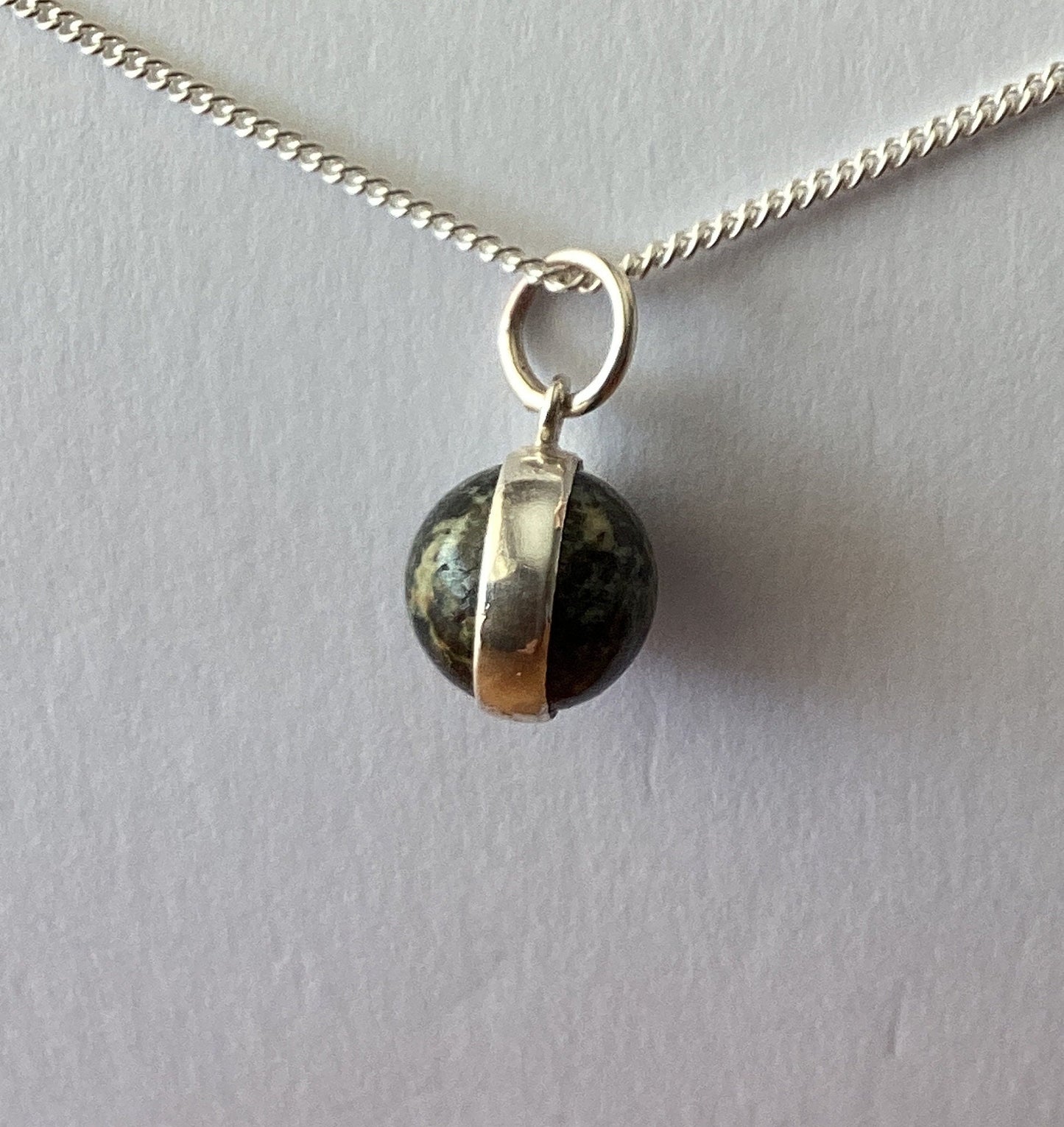 small Preseli Bluestone charm pendant, solid 925 sterling silver, 18” chain