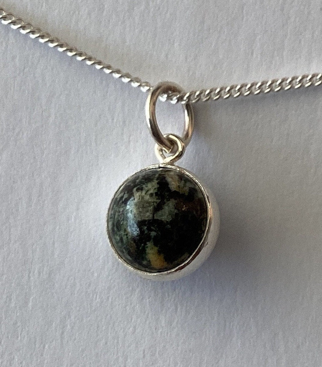 small Preseli Bluestone charm pendant, solid 925 sterling silver, 18” chain