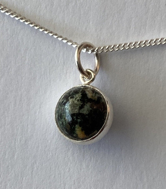 small Preseli Bluestone charm pendant, solid 925 sterling silver, 18” chain