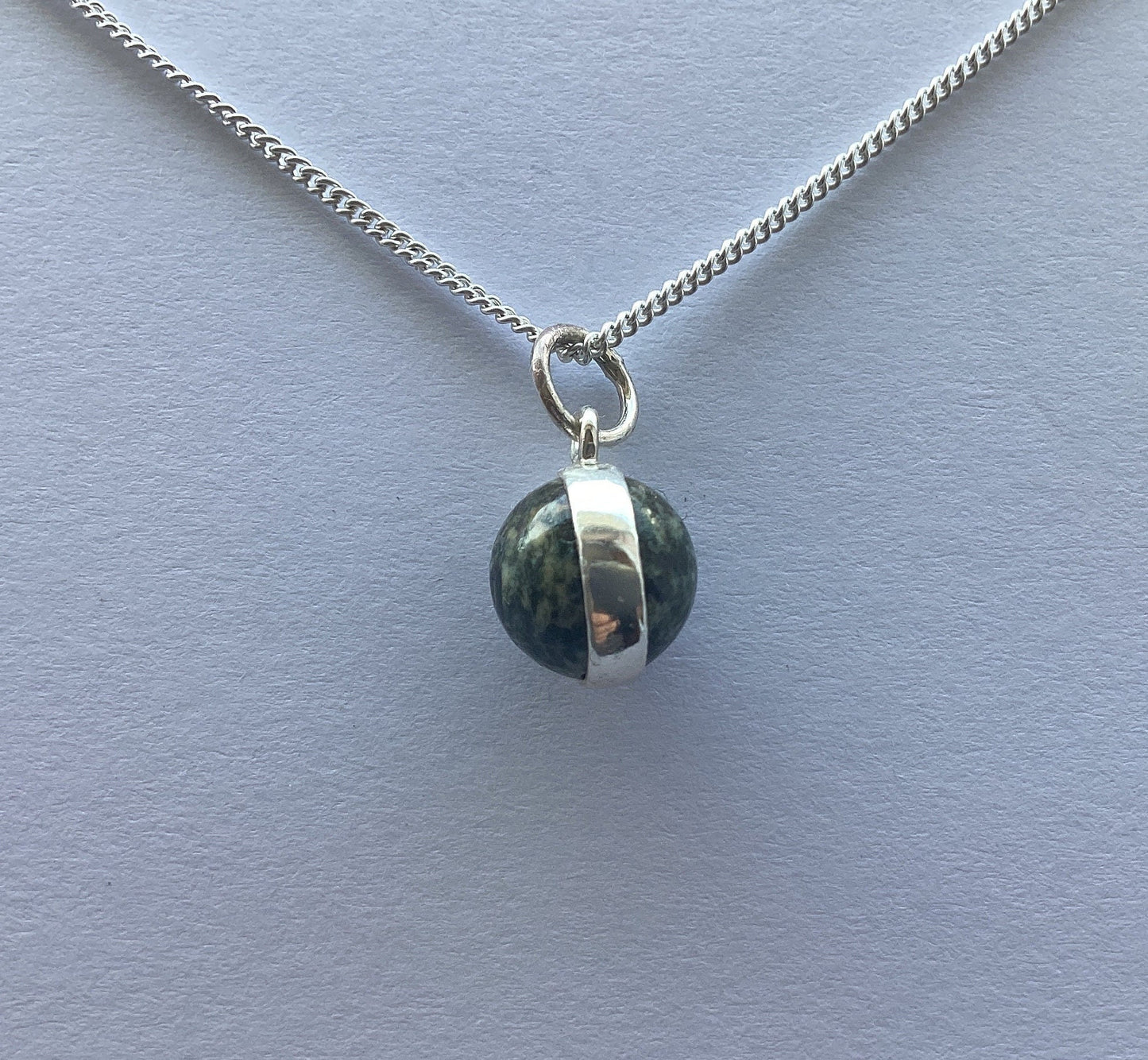 sliver necklace Preseli Bluestone pendant, solid 925 sterling silver, 18” chain