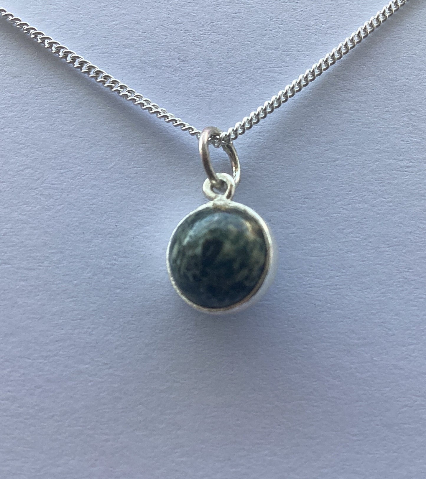 sliver necklace Preseli Bluestone pendant, solid 925 sterling silver, 18” chain