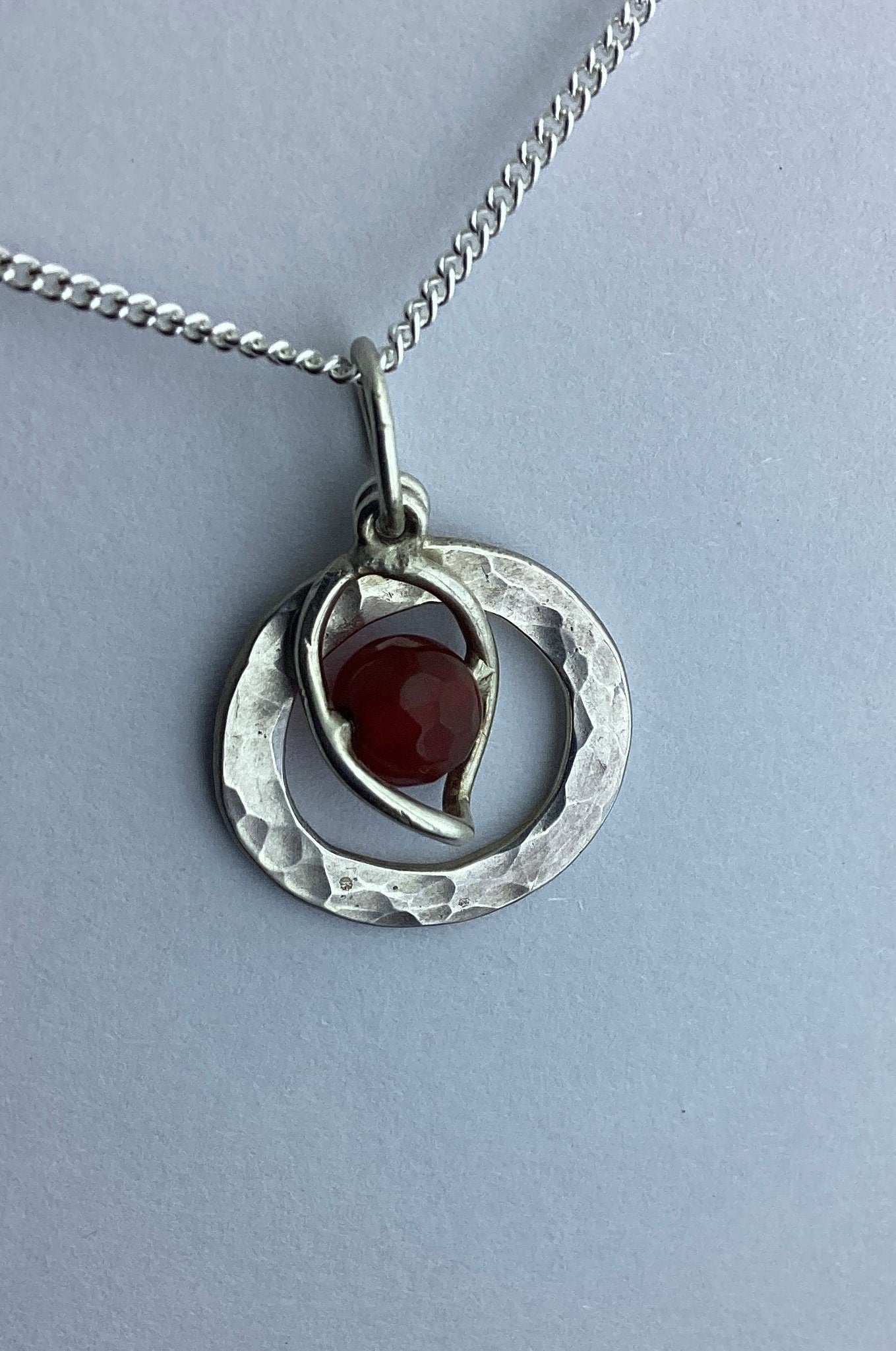 sterling silver pendant, natural red carnelian gemstone, 18” chain