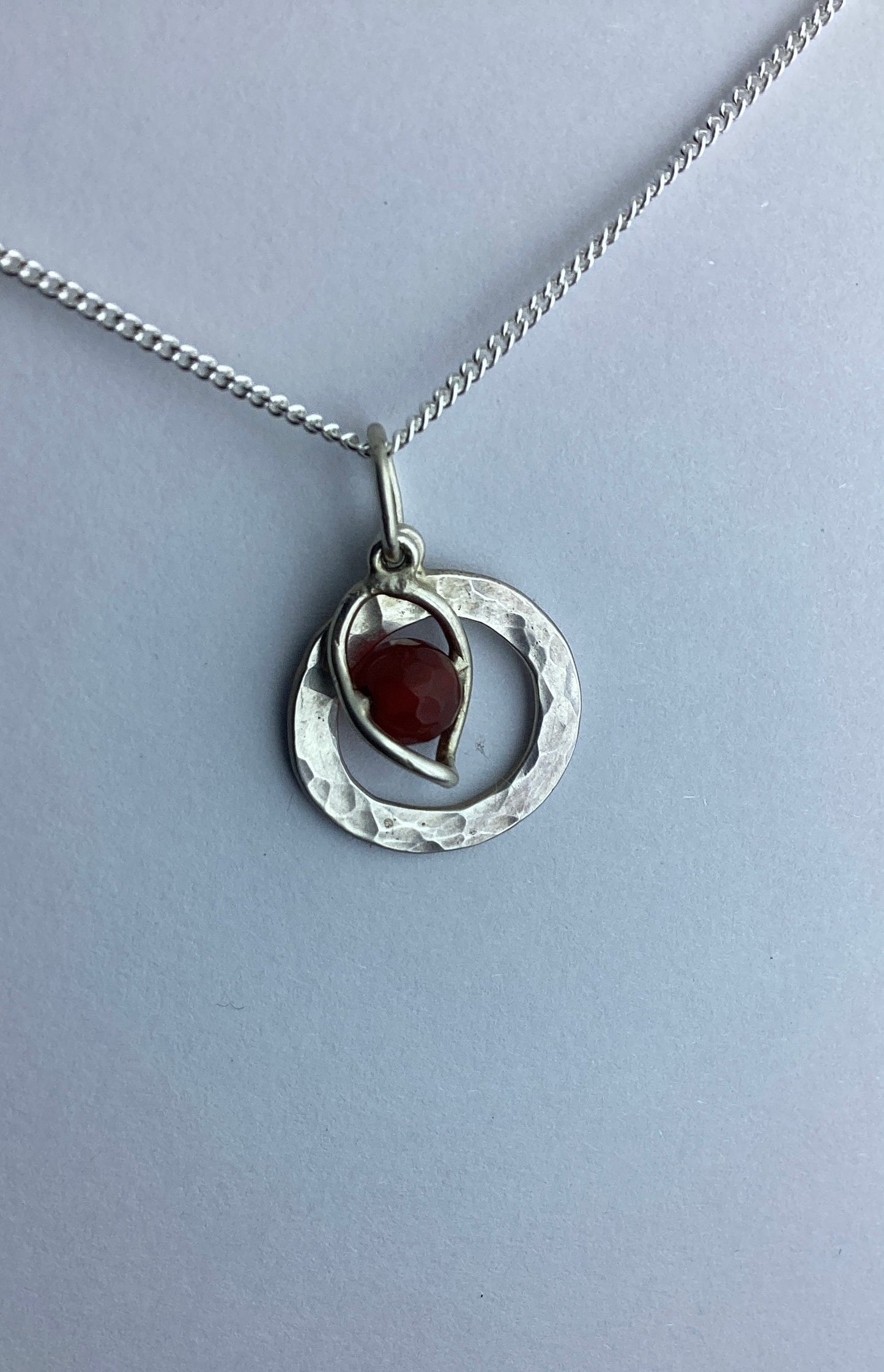 sterling silver pendant, natural red carnelian gemstone, 18” chain