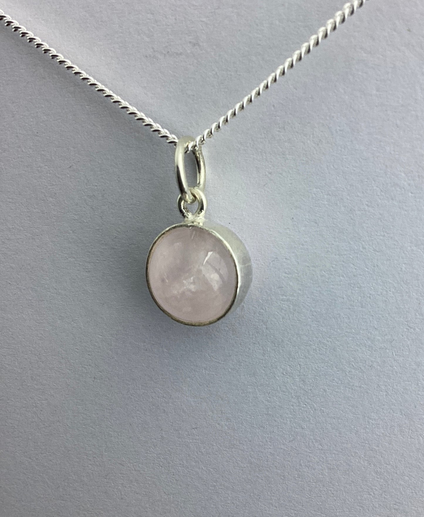 sterling silver rose quartz charm pendant, pink round natural gemstone, 18” chain