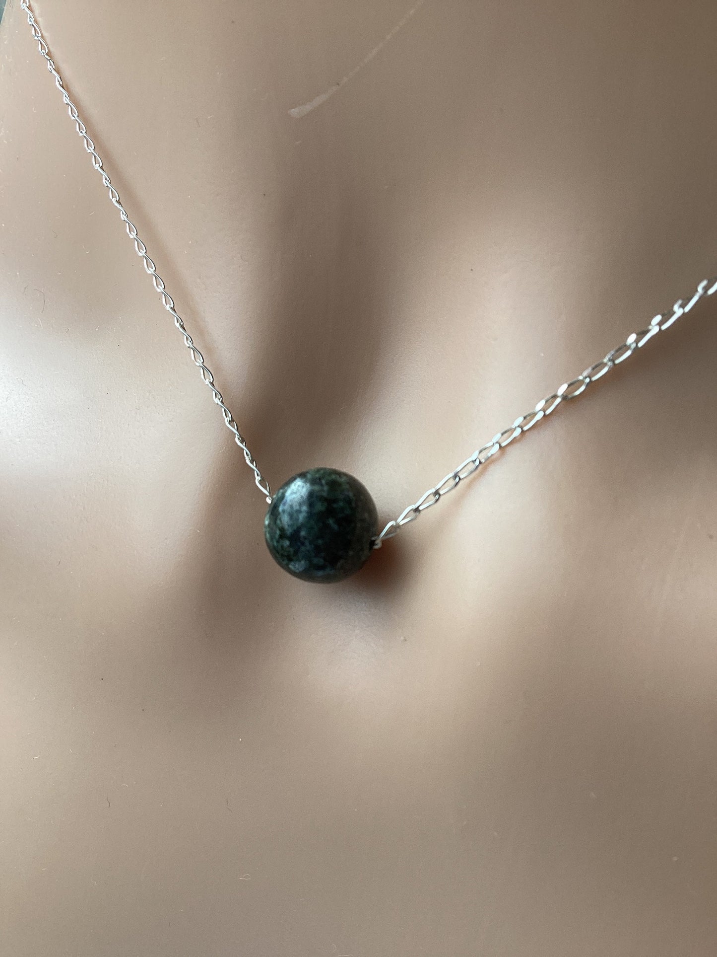 Preseli Bluestone small bead necklace,solid 925 sterling silver 18” chain