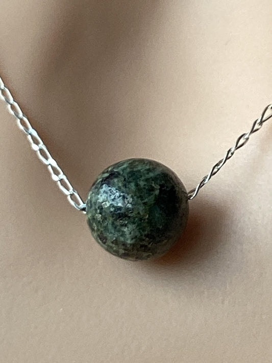 Preseli Bluestone bead necklace, solid 925 sterling silver 18” chain