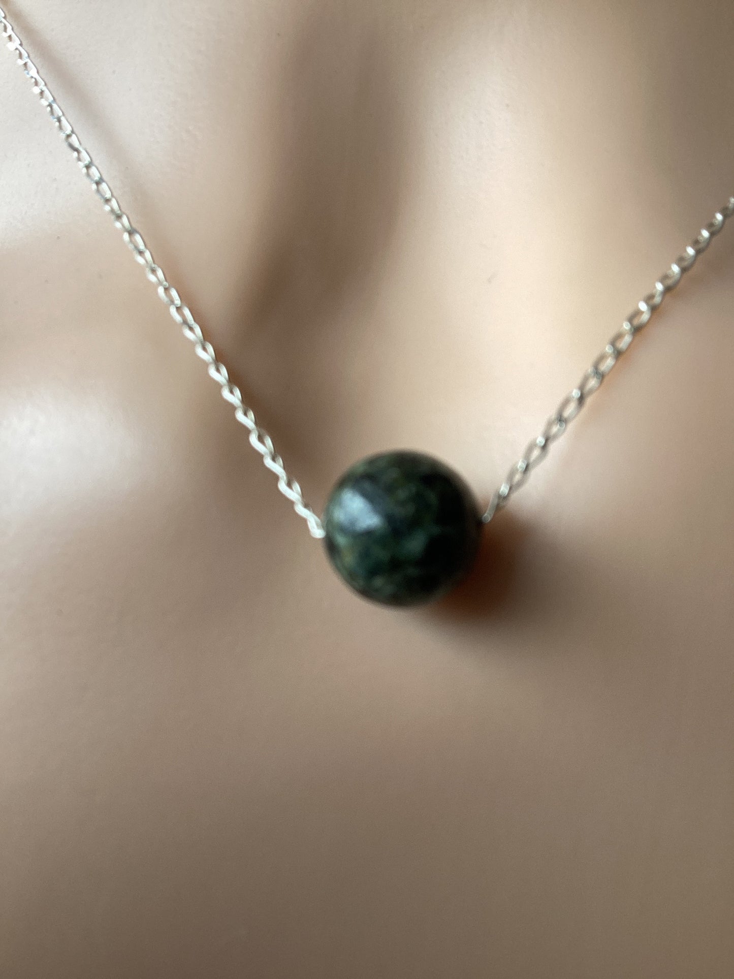 Preseli Bluestone bead necklace, solid 925 sterling silver 18” chain