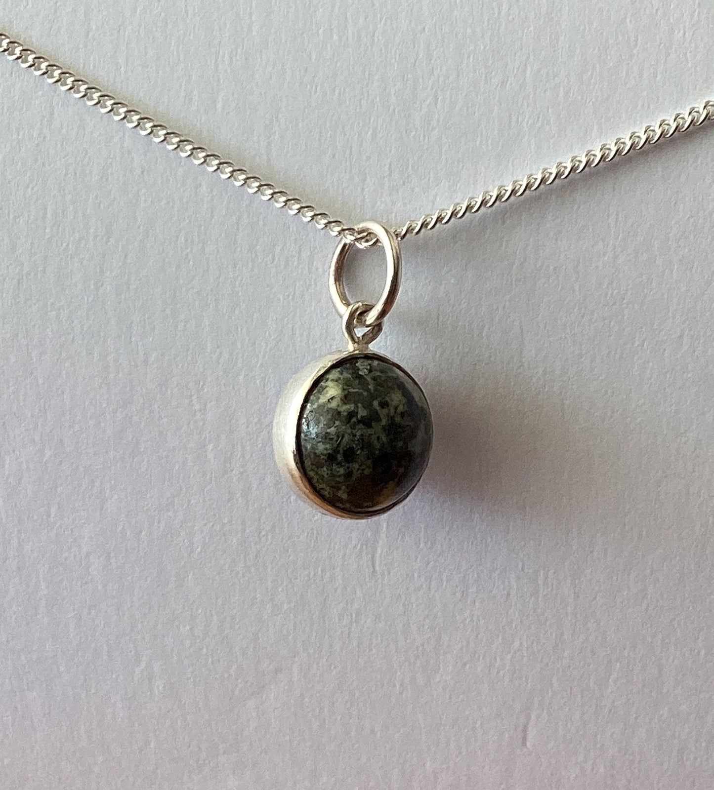 small Preseli Bluestone charm pendant, solid 925 sterling silver, 18” chain