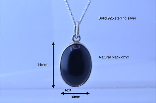 Silver black onyx necklace, oval shape natural gemstone pendant, 18” chain