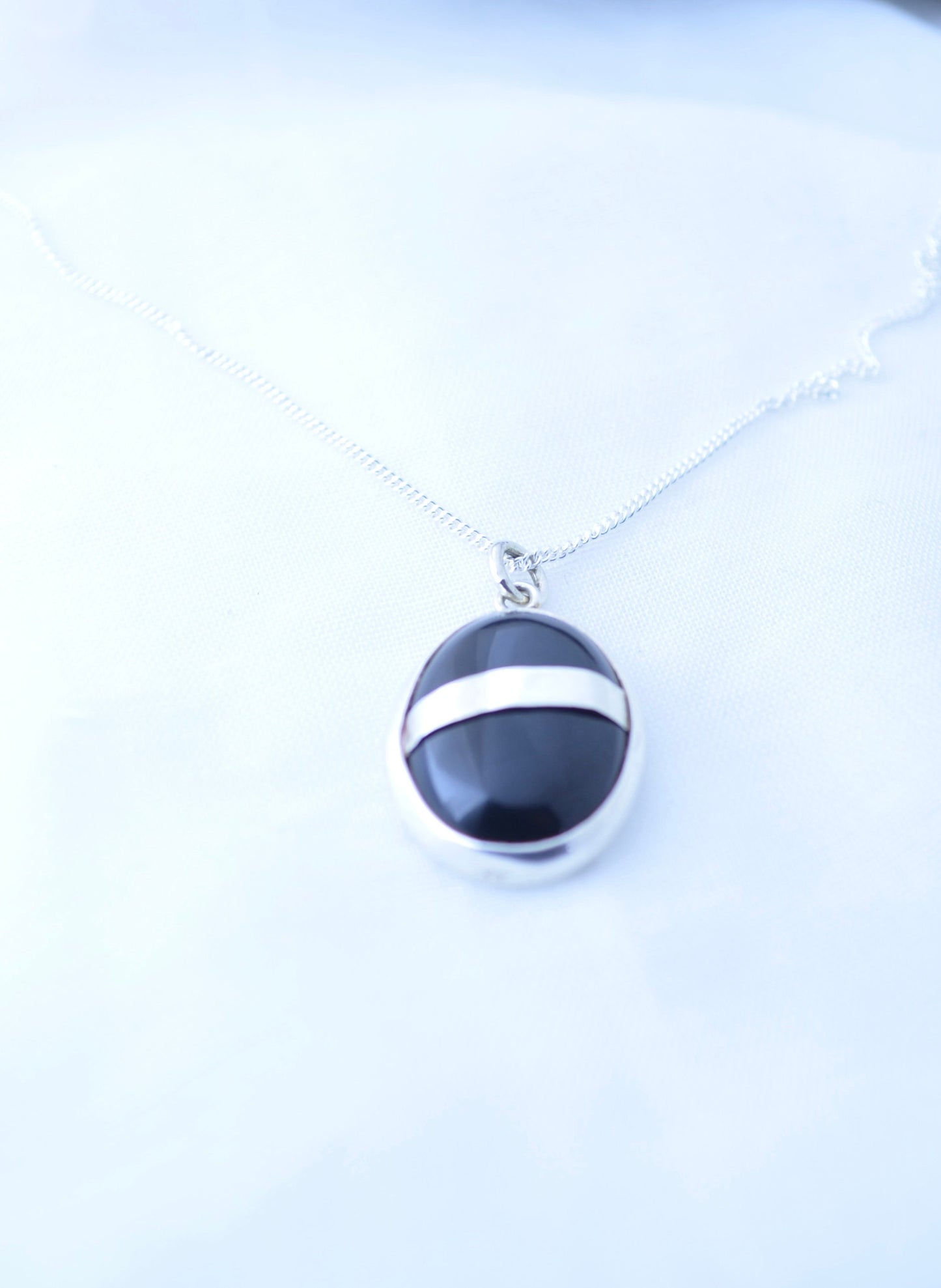 black onyx pendant, silver necklace, oval shape natural gemstone, 18” chain