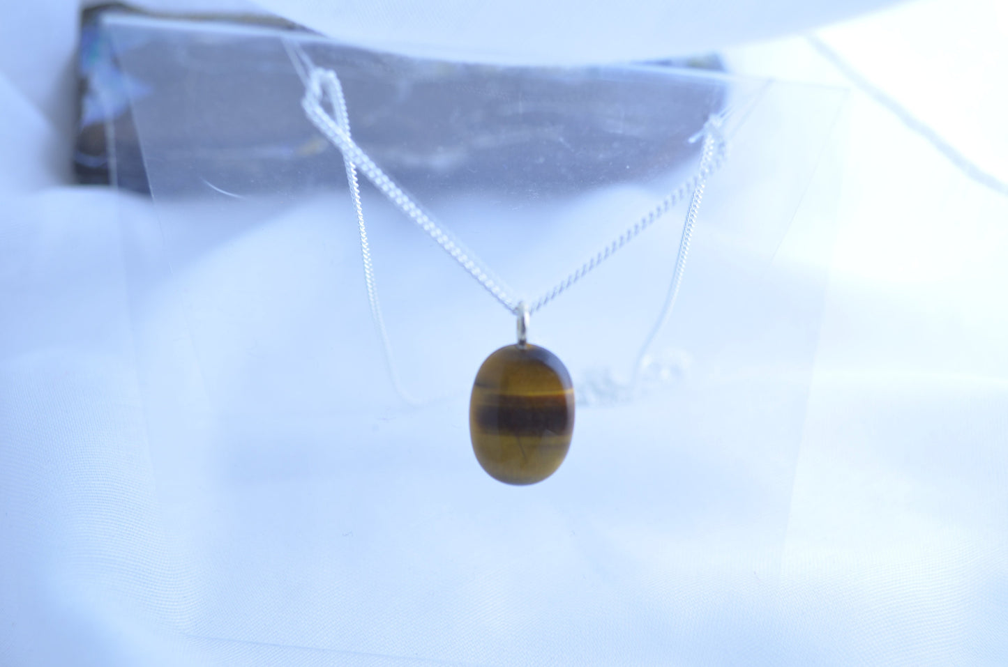 tiger’s eye silver necklace, oval natural brown gemstone pendant, 18” chain