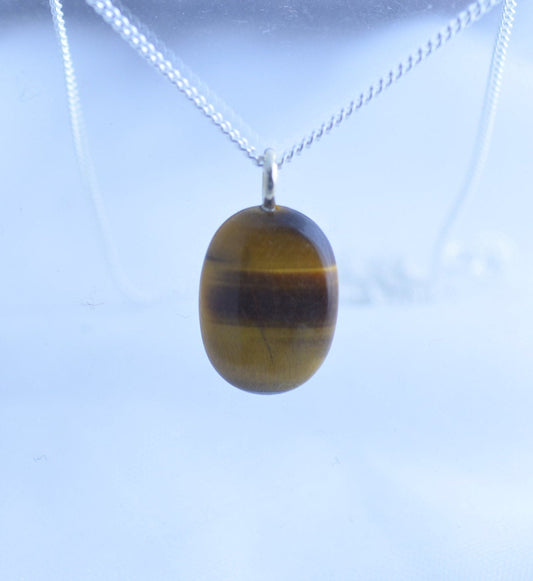 tiger’s eye silver necklace, oval natural brown gemstone pendant, 18” chain