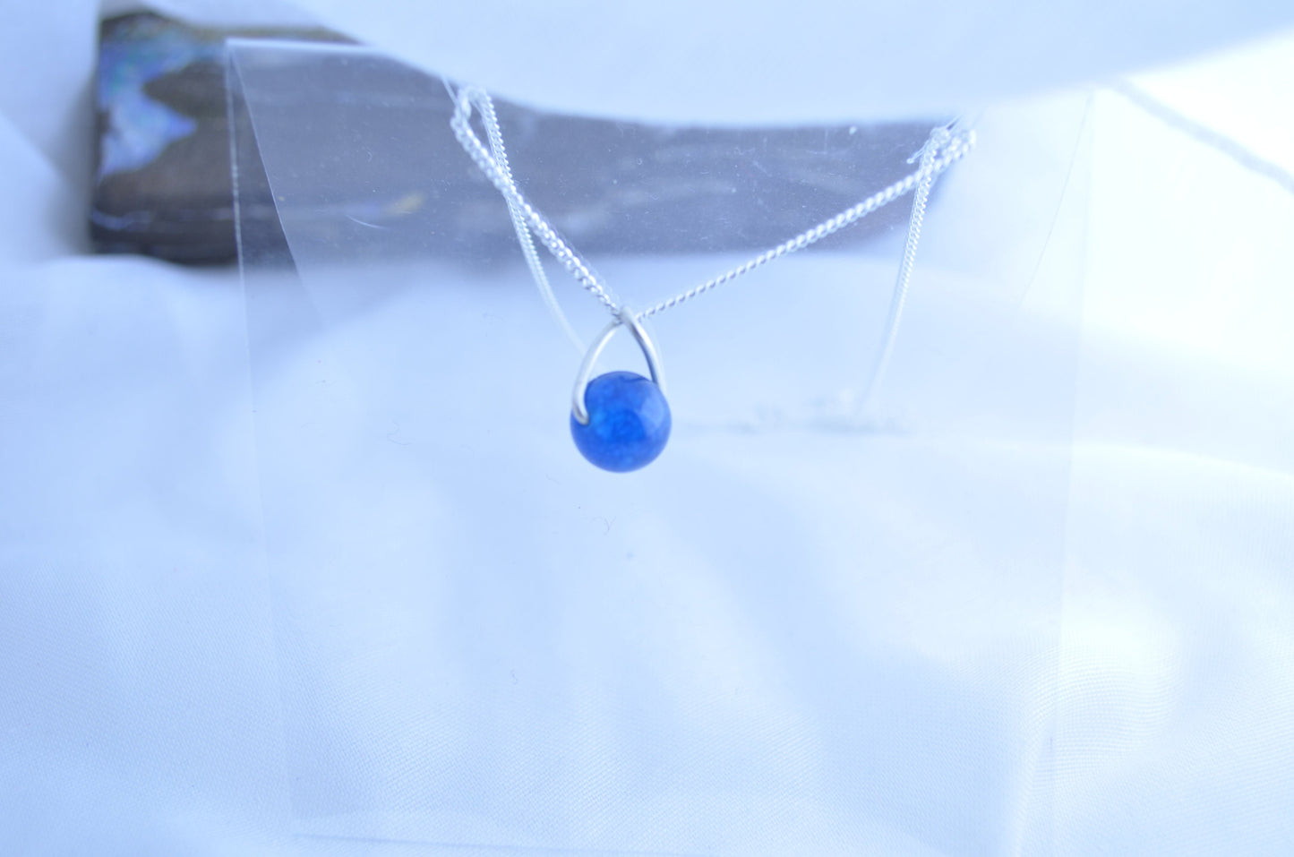 Silver necklace, blue round Apatite gemstone pendant, natural materials, 18” chain