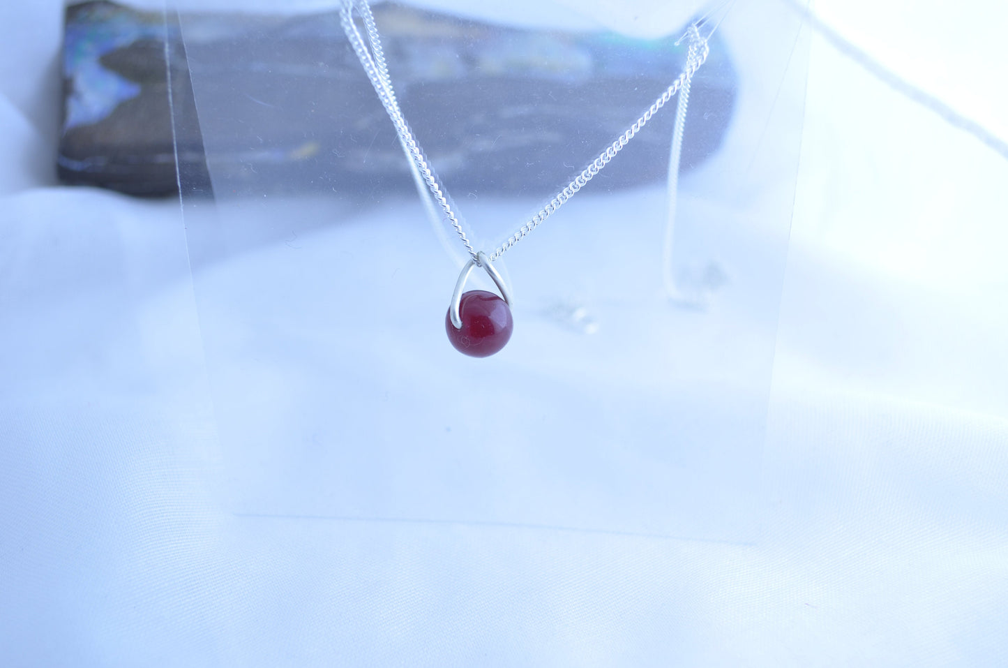 silver red ruby jade necklace, round shape pendant, 18” chain