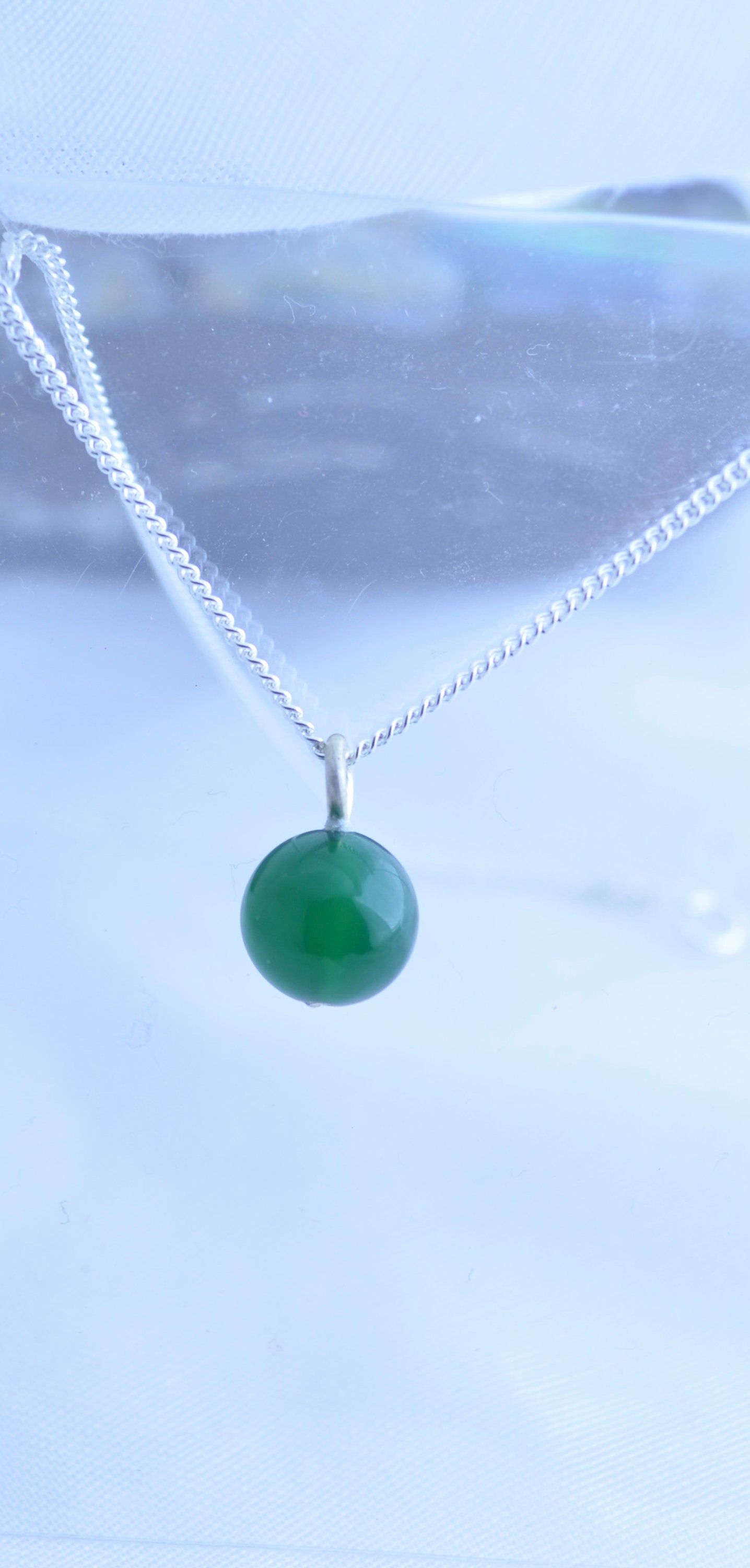 Silver necklace, green onyx pendant, round shape natural gemstone, 18” chain