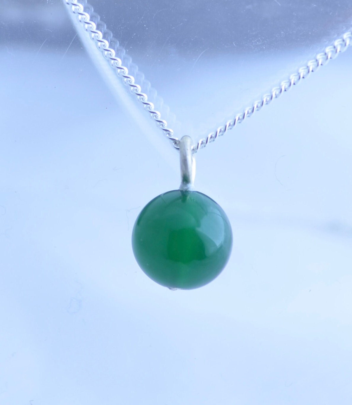 Silver necklace, green onyx pendant, round shape natural gemstone, 18” chain