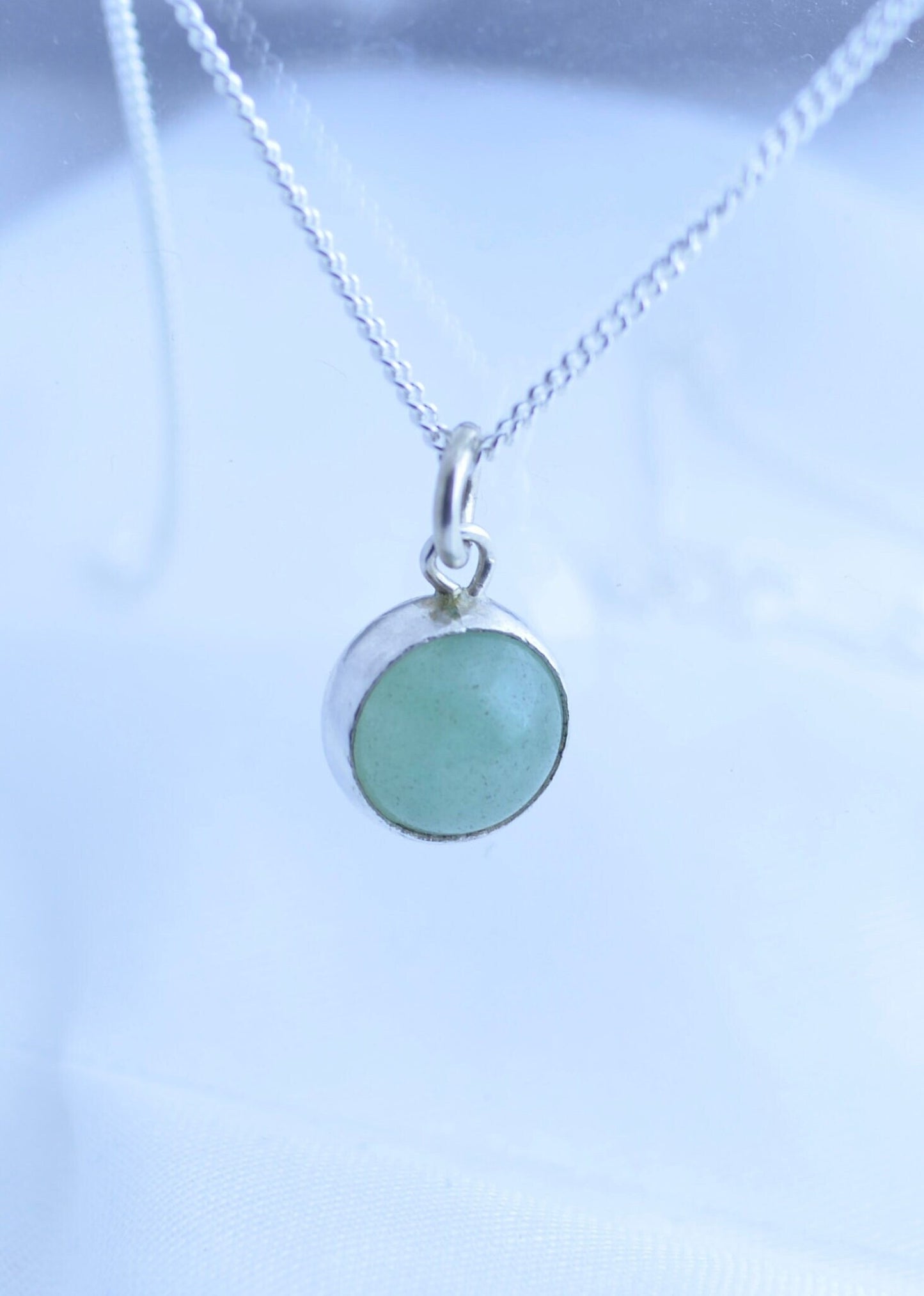 silver necklace, green aventurine pendant, natural round shape gemstone, 18” chain