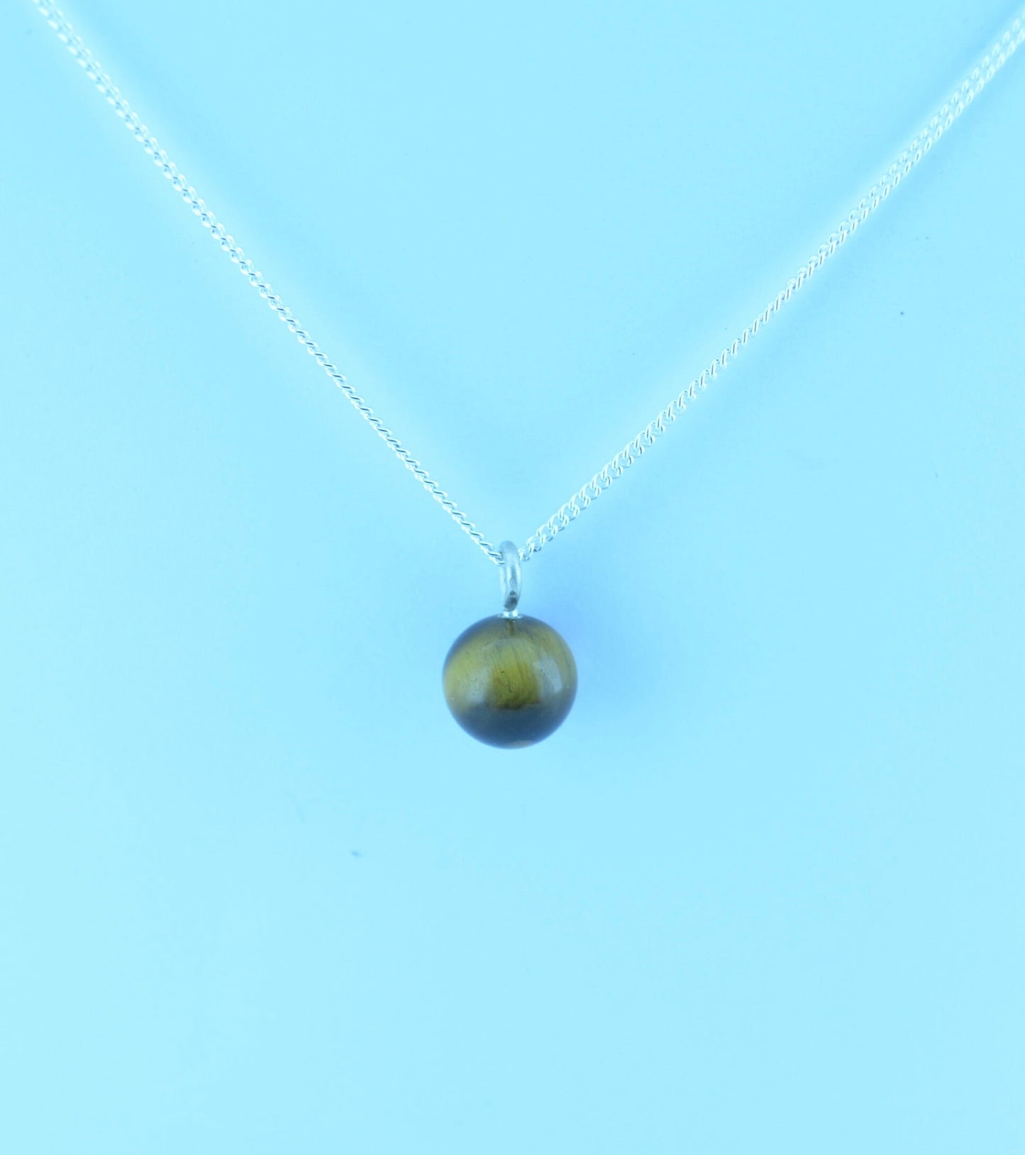 silver tiger’s eye necklace, round natural brown gemstone pendant, 18” chain