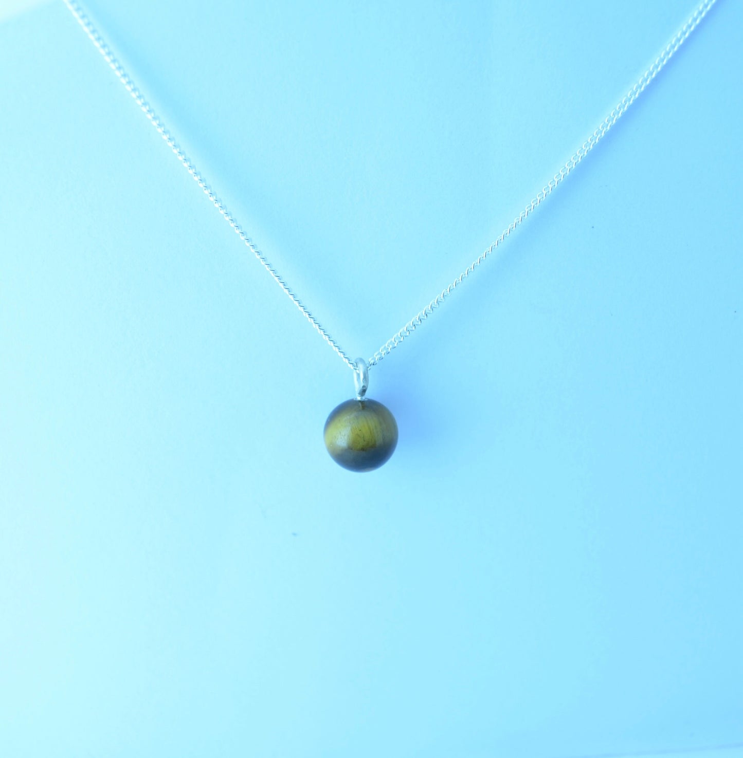 silver tiger’s eye necklace, round natural brown gemstone pendant, 18” chain