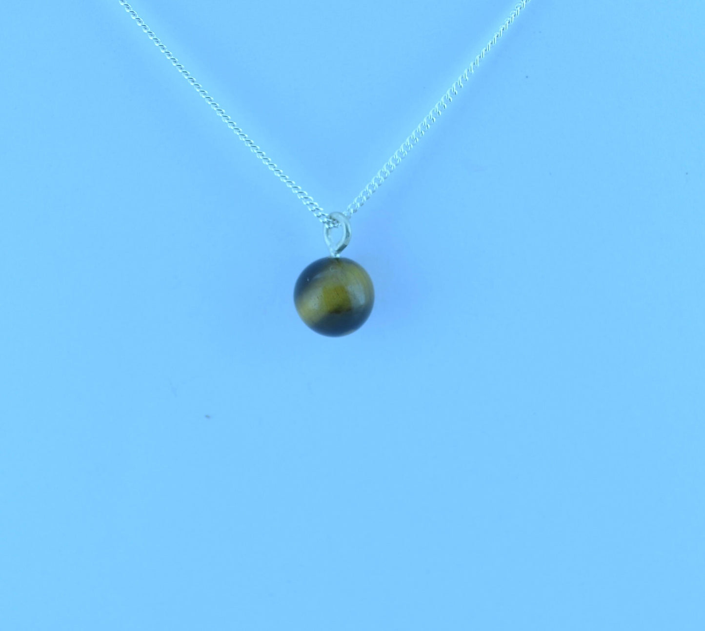 silver tiger’s eye necklace, round natural brown gemstone pendant, 18” chain