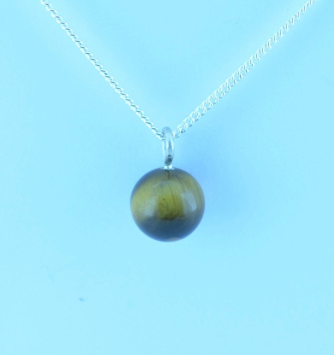 silver tiger’s eye necklace, round natural brown gemstone pendant, 18” chain
