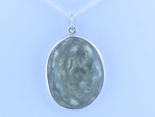 Preseli bluestone silver necklace, natural stone from Wales, oval shape pendant, 18” chain