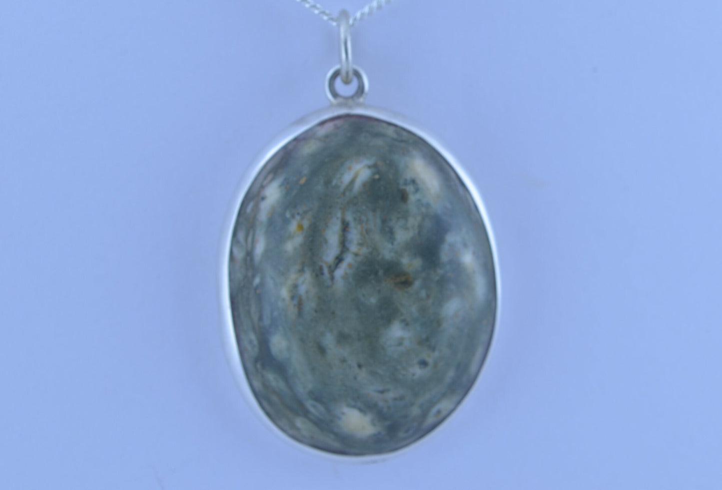 Preseli bluestone silver necklace, natural stone from Wales, oval shape pendant, 18” chain