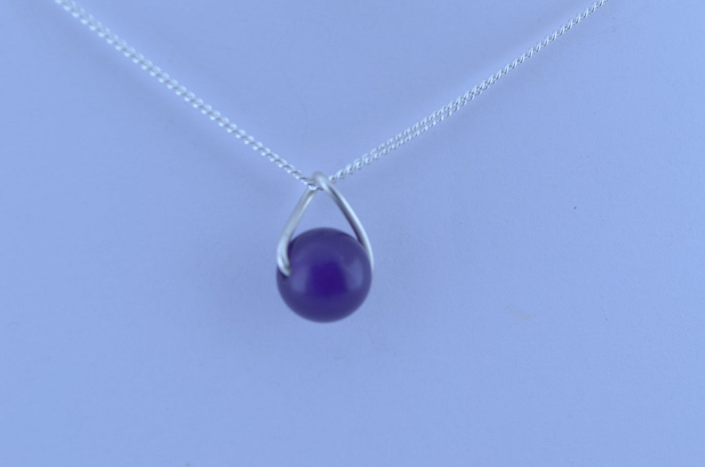 silver necklace, round purple natural gemstone pendant, 18” chain