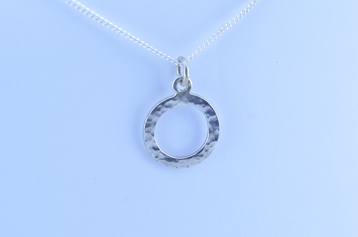 silver necklace, round pendant, 18” chain