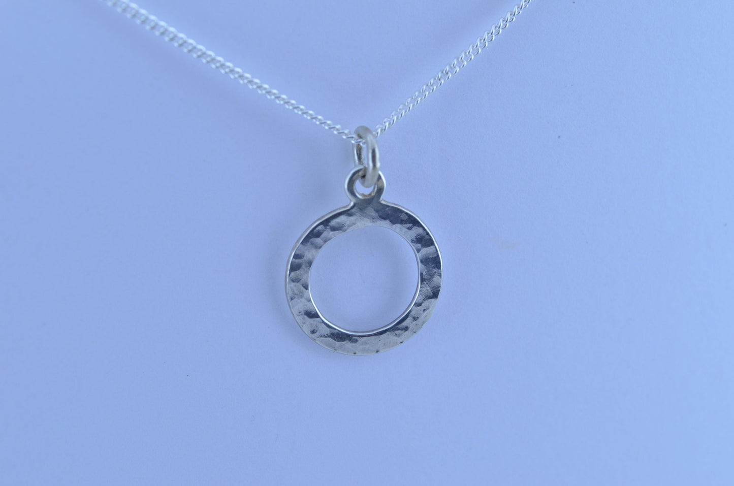 silver necklace, round pendant, 18” chain