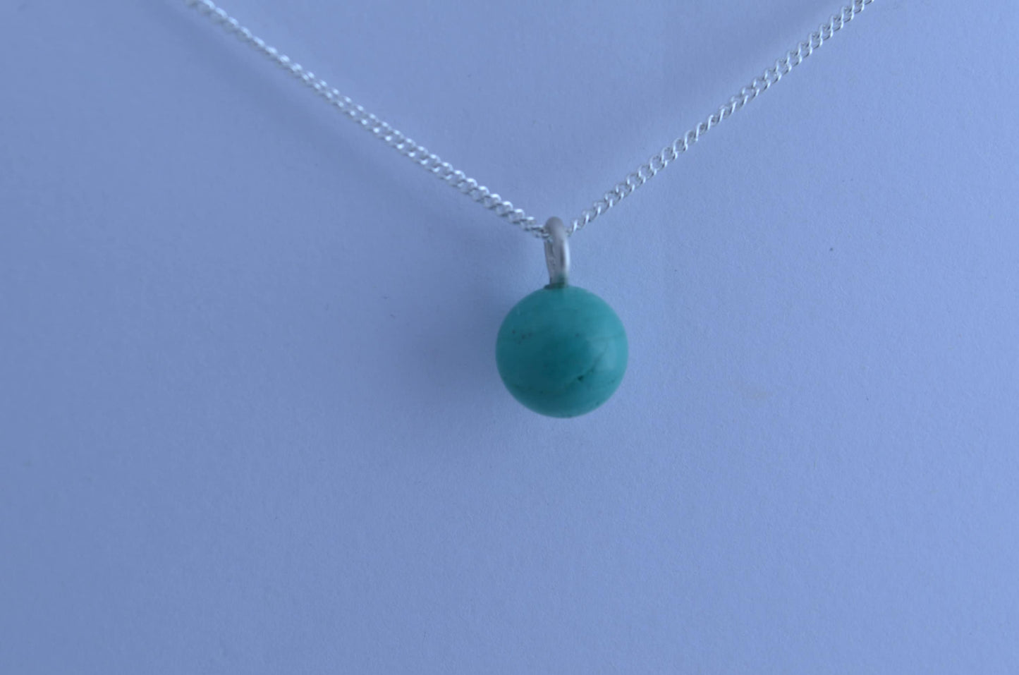 Silver turquoise charm necklace, round blue pendant, 18” chain