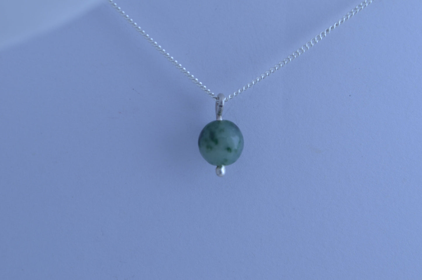 silver jade charm necklace, round spotted green pendant, natural gemstone, 18”chain